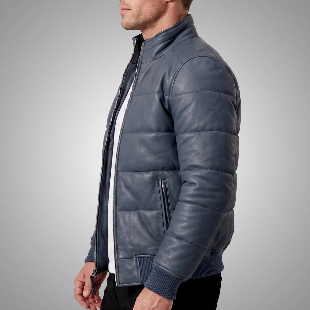 Men's Sheepskin Leather Puffer Bomber Jacket | Blue