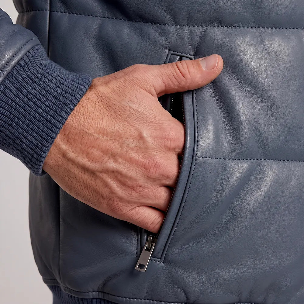 Men's Sheepskin Leather Puffer Bomber Jacket | Blue