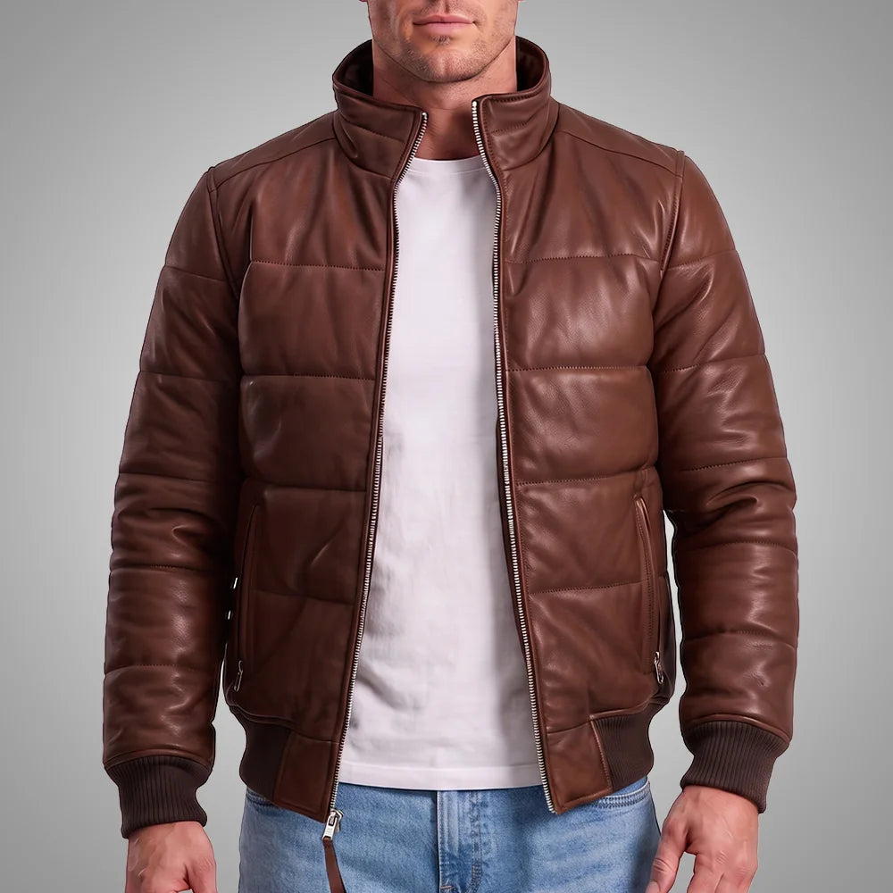Men's Sheepskin Leather Puffer Bomber Jacket | Brown