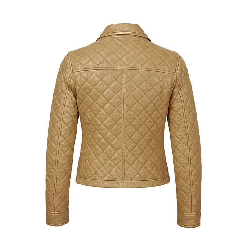 Women's Honey Beige Cropped Quilted Leather Jacket