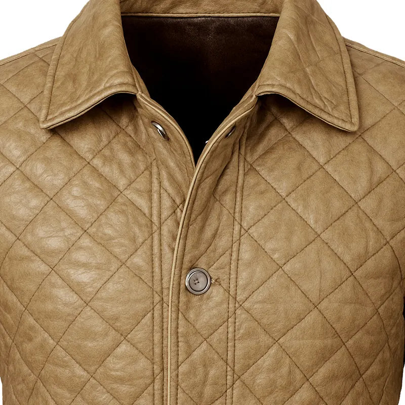 Women's Honey Beige Cropped Quilted Leather Jacket