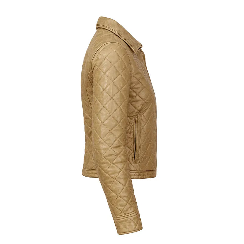 Women's Honey Beige Cropped Quilted Leather Jacket