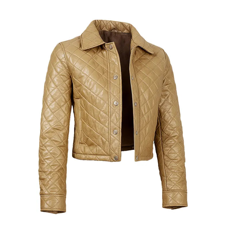 Women's Honey Beige Cropped Quilted Leather Jacket