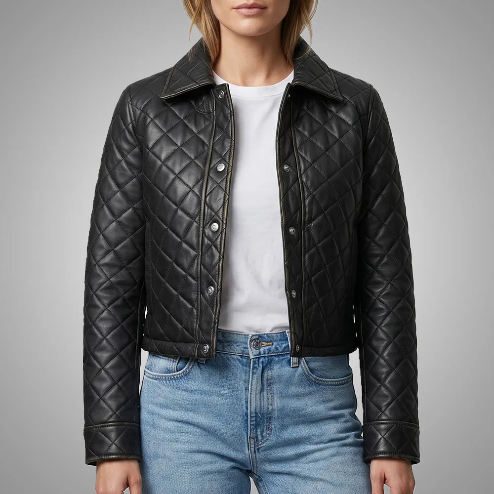Women's Cropped Quilted Lambskin Leather Jacket - Black
