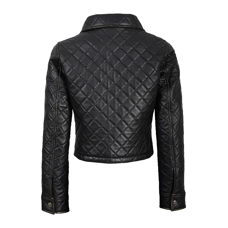 Women's Black Cropped Quilted Leather Jacket