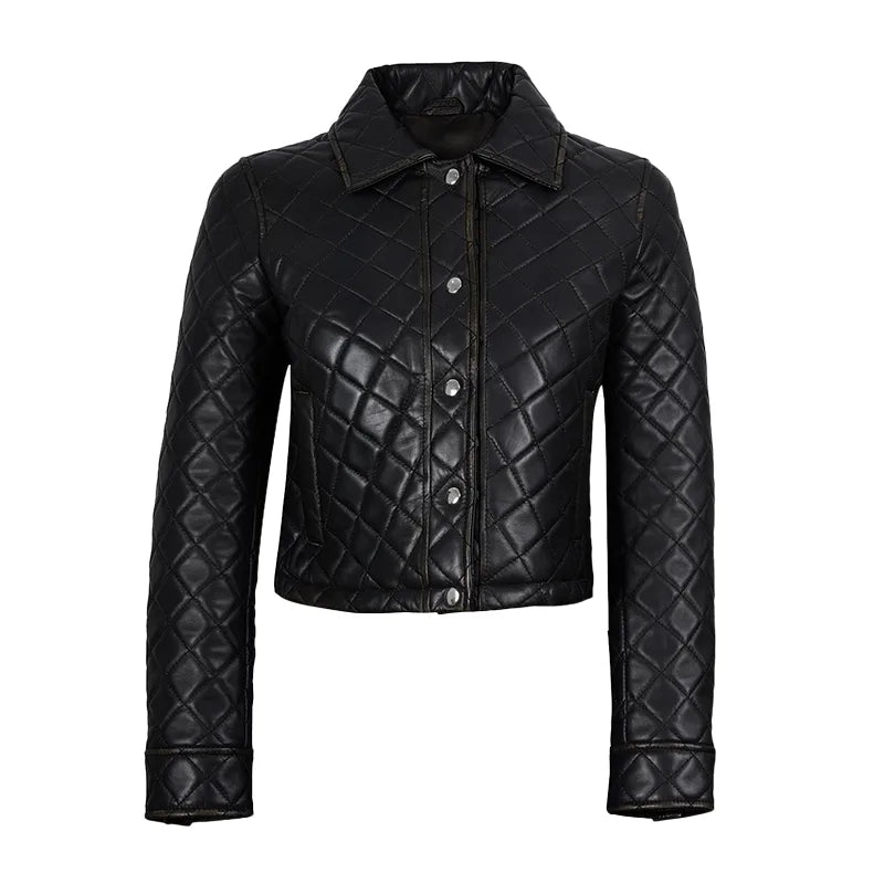 Women's Black Cropped Quilted Leather Jacket