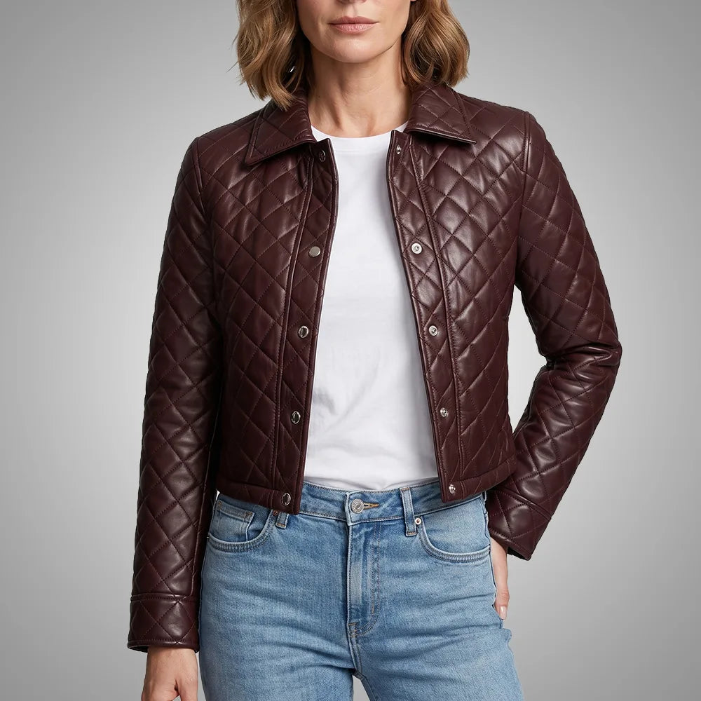Women's Cropped Quilted Lambskin Leather Jacket - Dark Chestnut