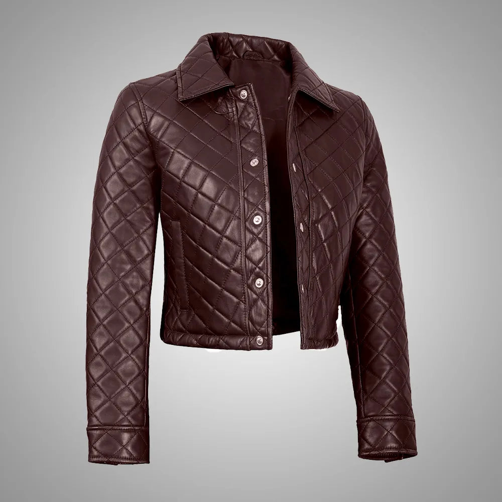 Women's Dark Chestnut Cropped Quilted Leather Jacket