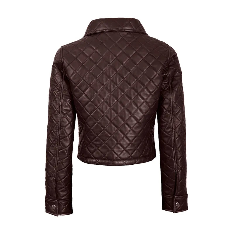 Women's Dark Chestnut Cropped Quilted Leather Jacket