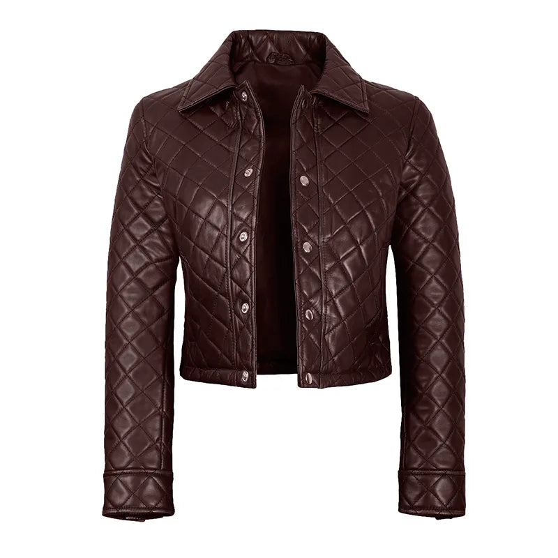 Women's Dark Chestnut Cropped Quilted Leather Jacket