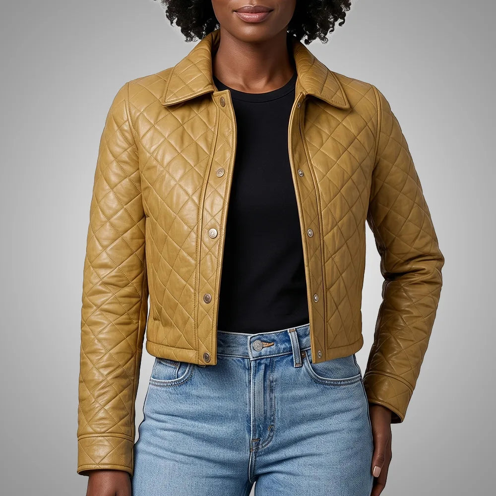 Women's Cropped Quilted Lambskin Leather Jacket - Dark Beige