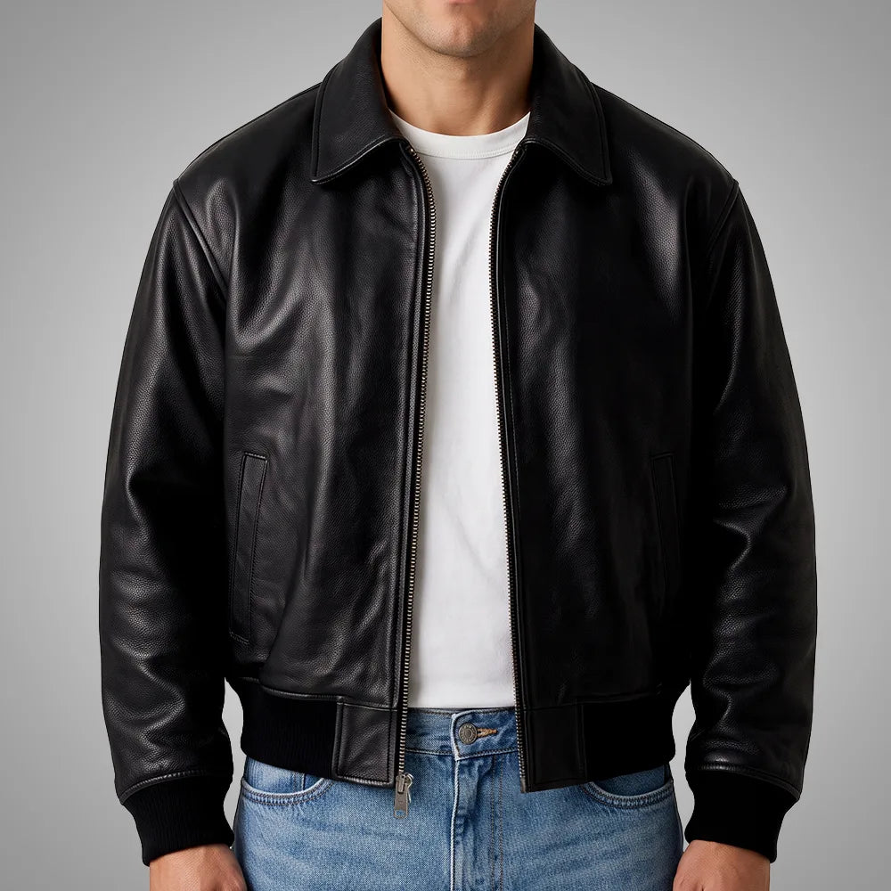 Oversized Black Leather Bomber Jacket | Relaxed Streetwear