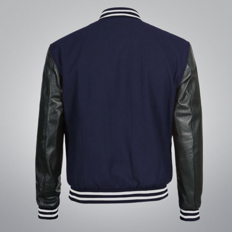 Navy Blue Varsity Jacket With Leather Sleeves y Cuir Jackets USA