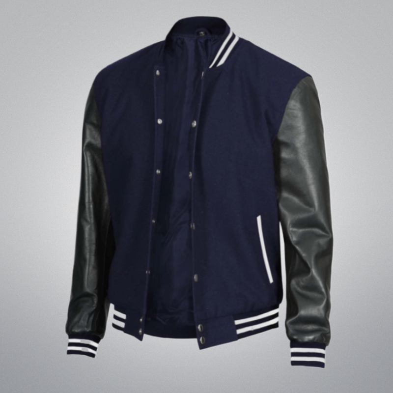 Navy Blue Varsity Jacket With Leather Sleeves by Cuir Jackets USA