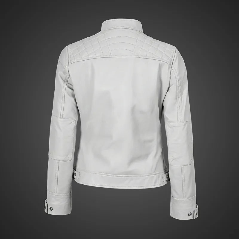 Mocha Luxe Women’s Racer Leather Jacket - White