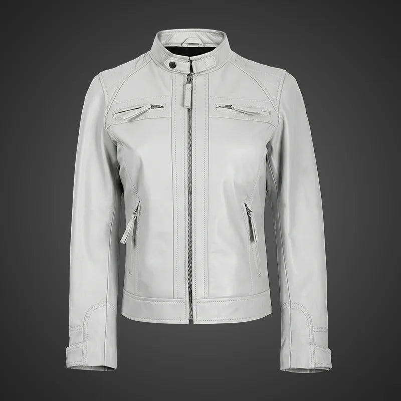 White women’s racer leather jacket by Cuir Jackets made from premium lambskin, shown in mocha tone with stylish design details.