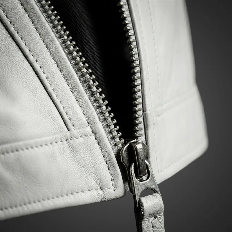 White women’s racer leather jacket made of premium lambskin from Cuir Jackets, featuring a sleek, stylish design.