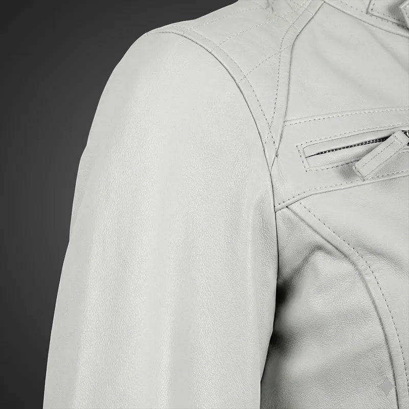White women’s racer leather jacket made of premium lambskin by Cuir Jackets, shown in a stylish design with a smooth mocha finish.