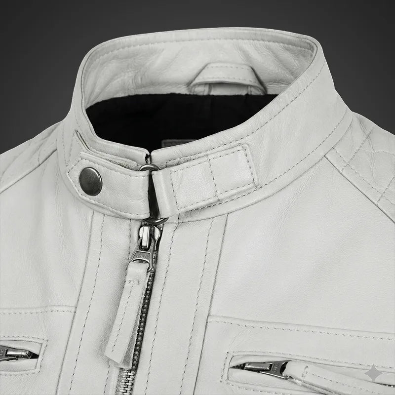 White women's racer leather jacket made from premium lambskin, featuring a sleek design and stylish fit by Cuir Jackets.
