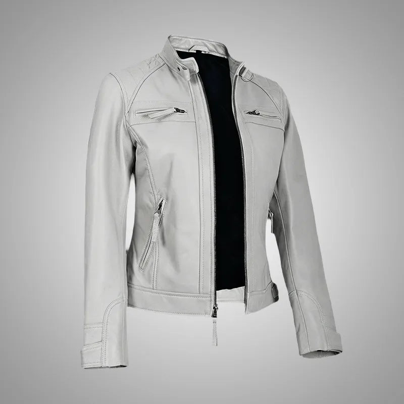 White women's racer leather jacket made from premium lambskin, featuring a sleek design and stylish fit by Cuir Jackets.