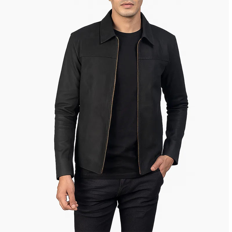 Person wearing a black leather jacket on a white background