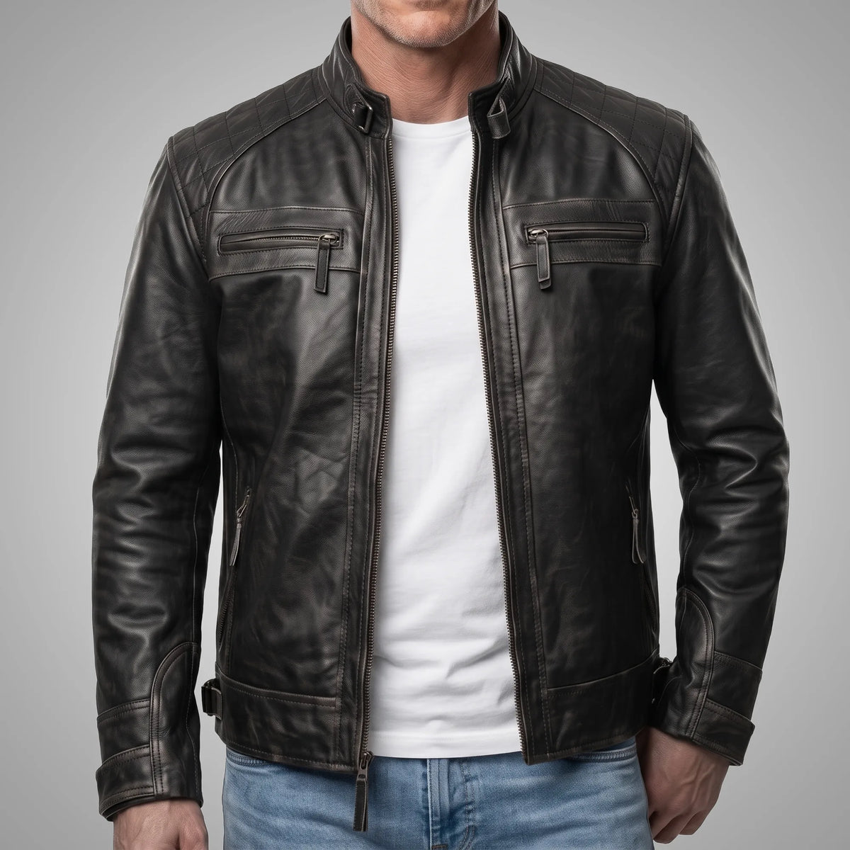 Hawkridge Quilted Black Biker Jacket, 100% Lambskin