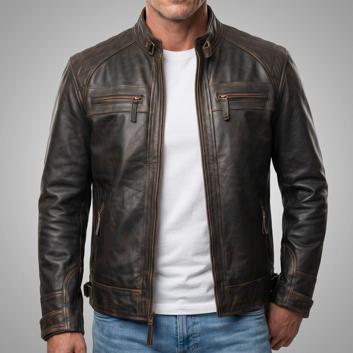 Hawkridge Quilted Dark Brown Biker Jacket, 100% Lambskin