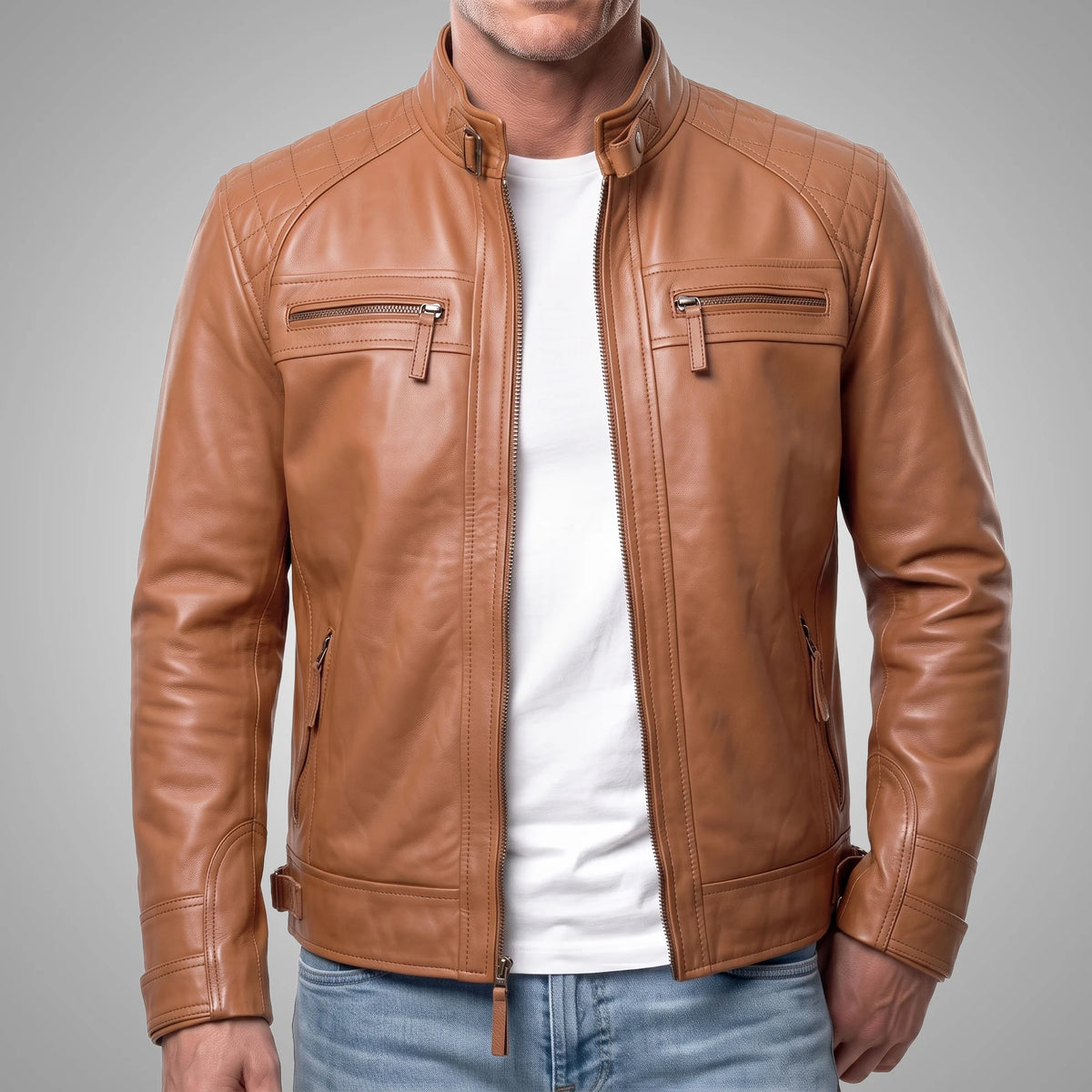 Hawkridge Quilted Orange Brown Biker Jacket, 100% Lambskin