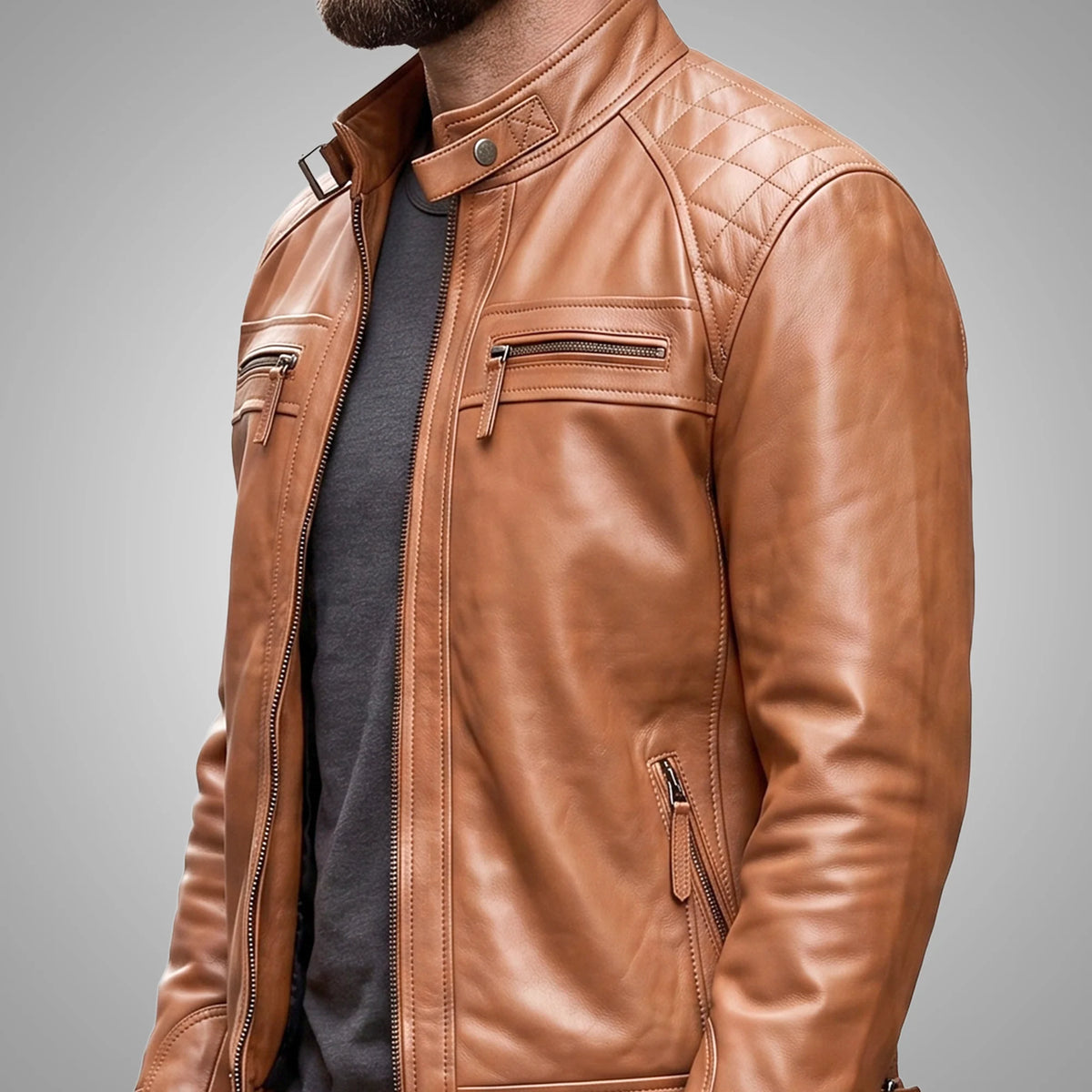 Hawkridge Quilted Orange Brown Biker Jacket, 100% Lambskin