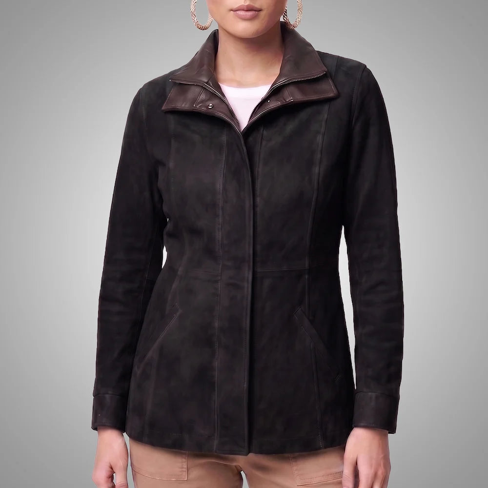 Women's Italian Lambskin Black Leather Anorak Coat | Nubuck Double Collar