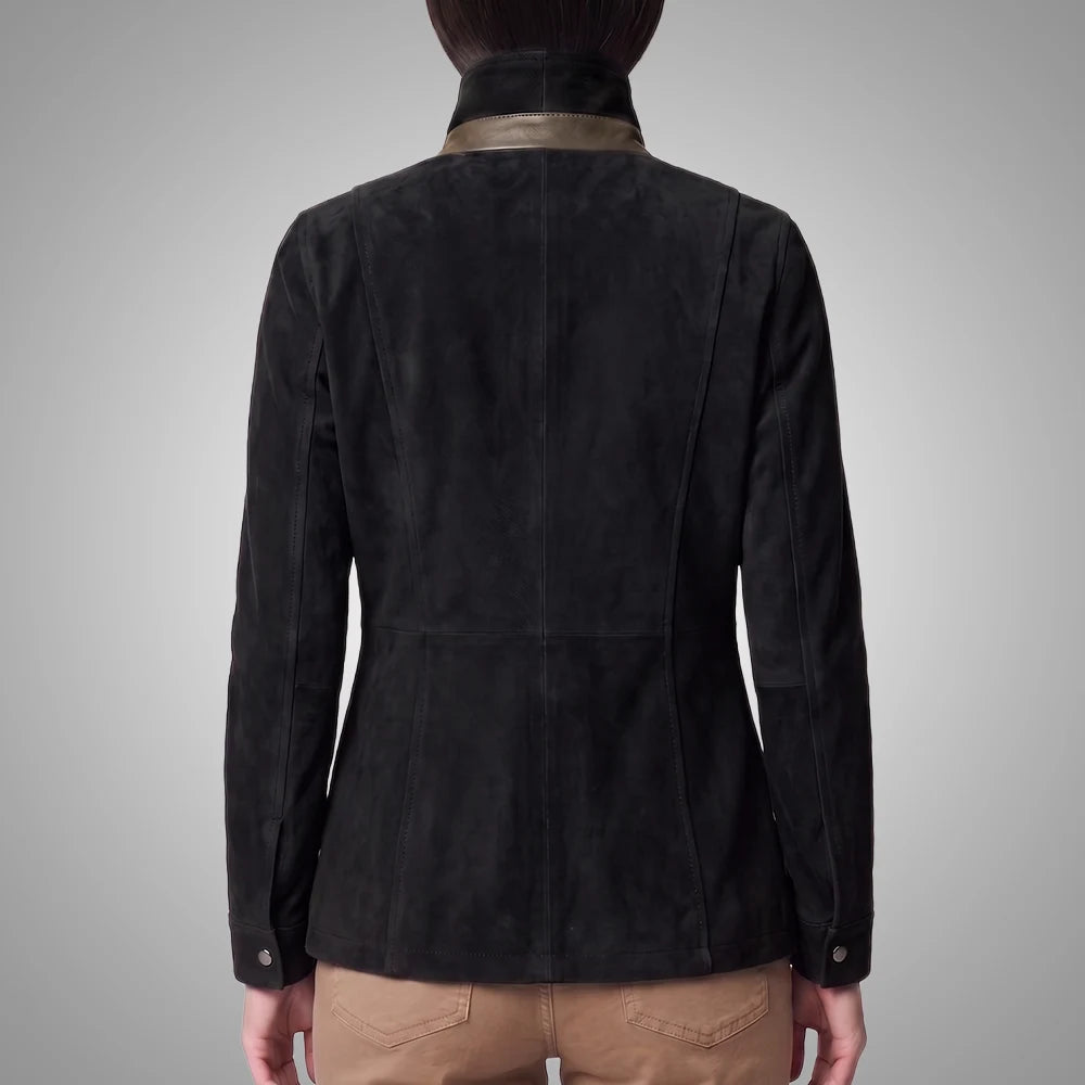 Women's Italian Lambskin Black Leather Anorak Coat | Nubuck Double Collar