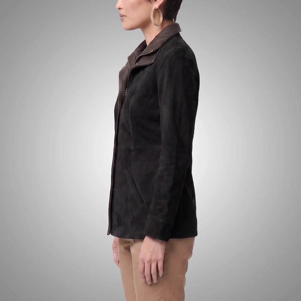 Women's Italian Lambskin Black Leather Anorak Coat | Nubuck Double Collar