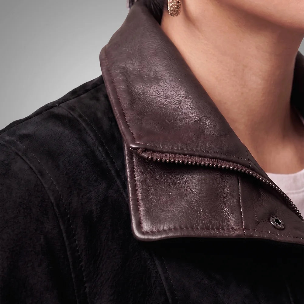 Women's Italian Lambskin Black Leather Anorak Coat | Nubuck Double Collar