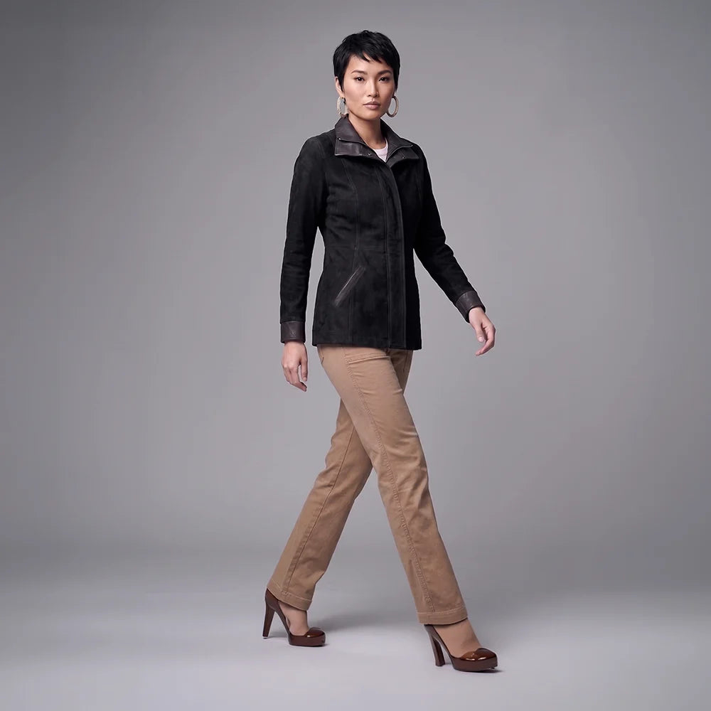 Women's Italian Lambskin Black Leather Anorak Coat | Nubuck Double Collar