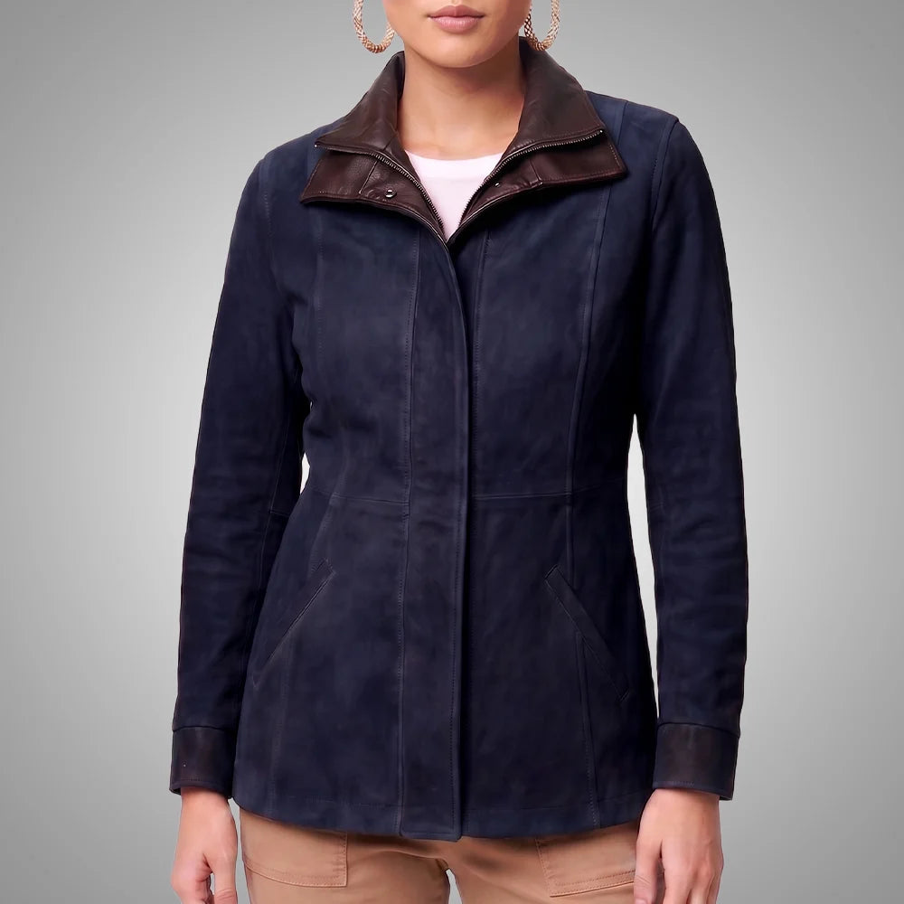 Women's Italian Lambskin Blue Leather Anorak Coat | Nubuck Double Collar
