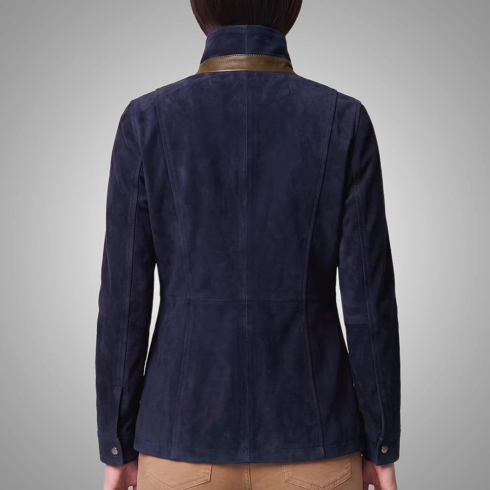 Women's Italian Lambskin Blue Leather Anorak Coat | Nubuck Double Collar