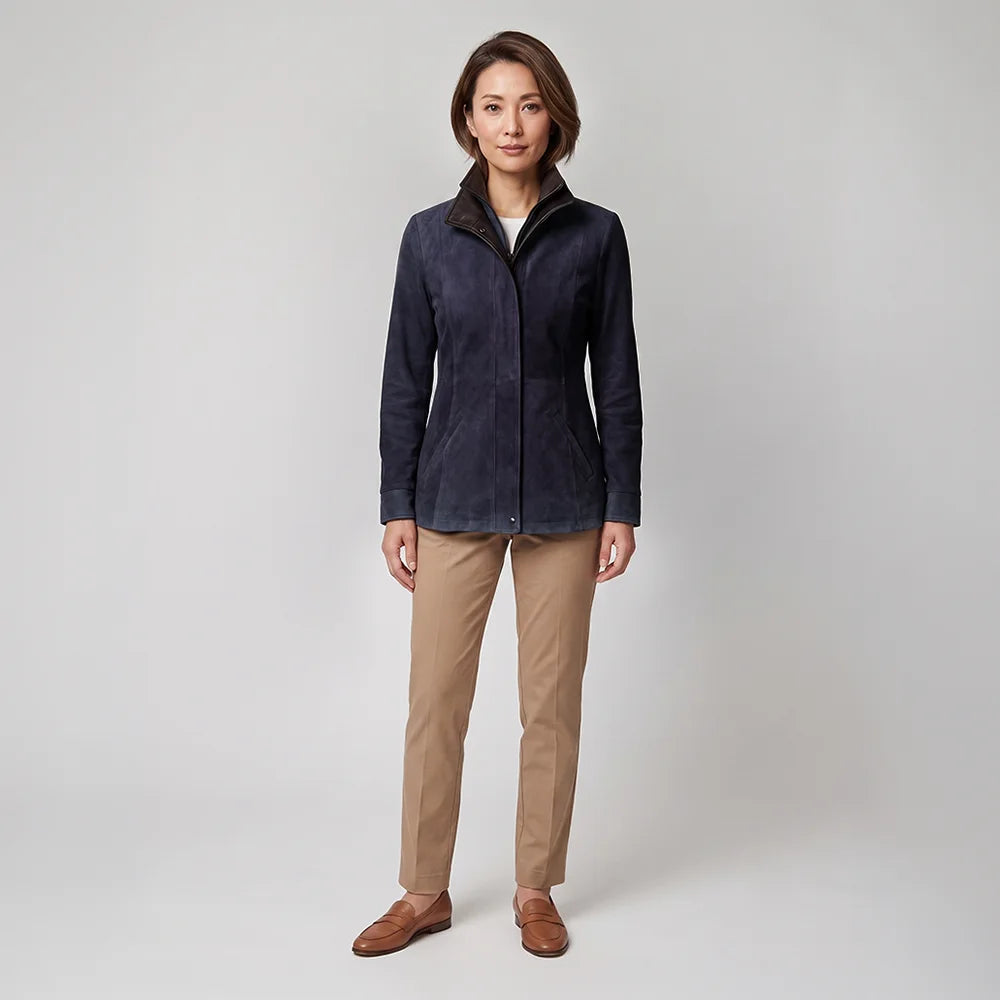 Women's Italian Lambskin Blue Leather Anorak Coat | Nubuck Double Collar