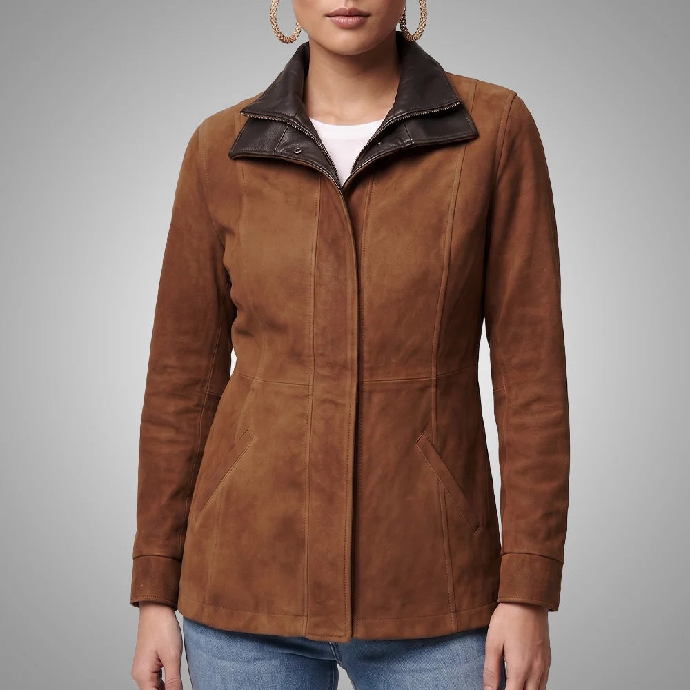 Women's Italian Lambskin Brown Leather Anorak Coat | Nubuck Double Collar