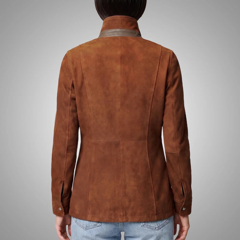 Women's Italian Lambskin Brown Leather Anorak Coat | Nubuck Double Collar