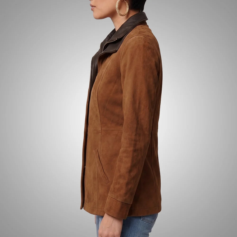 Women's Italian Lambskin Brown Leather Anorak Coat | Nubuck Double Collar