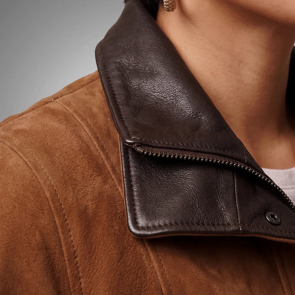 Women's Italian Lambskin Brown Leather Anorak Coat | Nubuck Double Collar