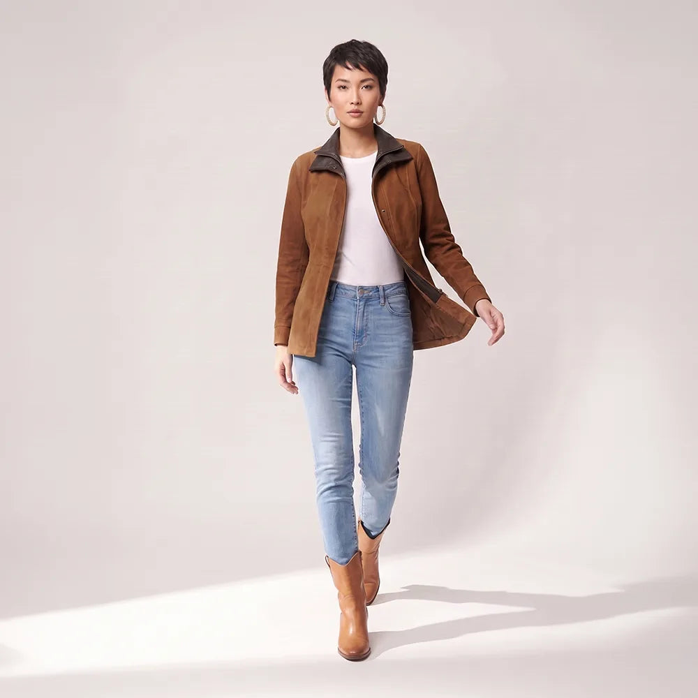 Women's Italian Lambskin Brown Leather Anorak Coat | Nubuck Double Collar
