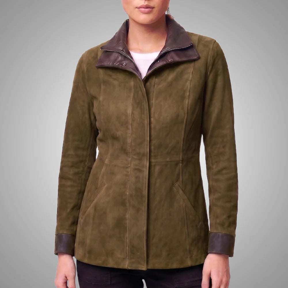 Women's Italian Lambskin Safari Leather Anorak Coat | Nubuck Double Collar