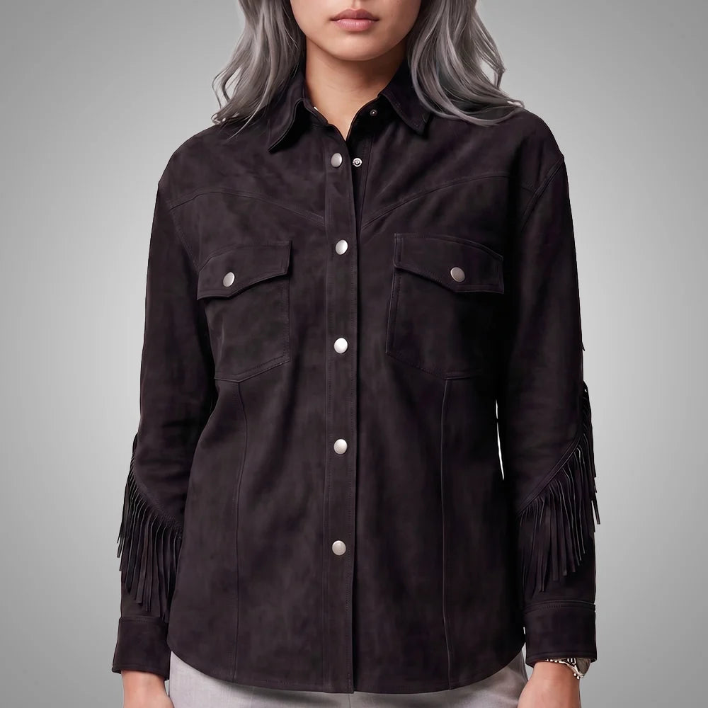 Black Women's Cropped Goat Suede Fringe Jacket | Western Boho