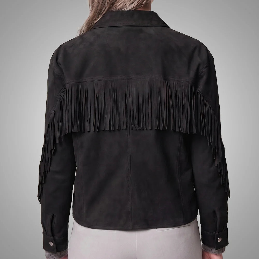 Black Women's Cropped Goat Suede Fringe Jacket | Western Boho