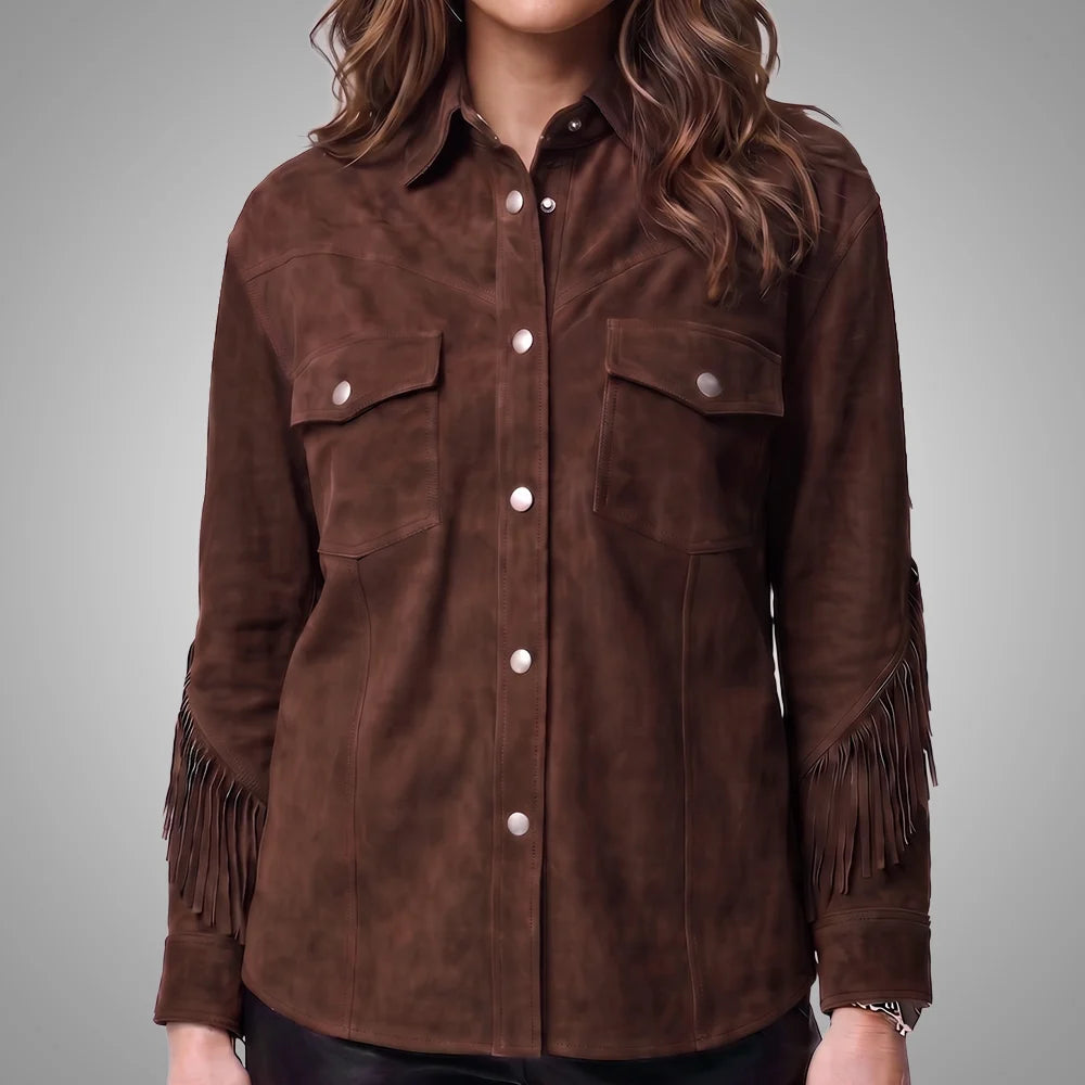 Brown Women's Cropped Goat Suede Fringe Jacket | Western Boho