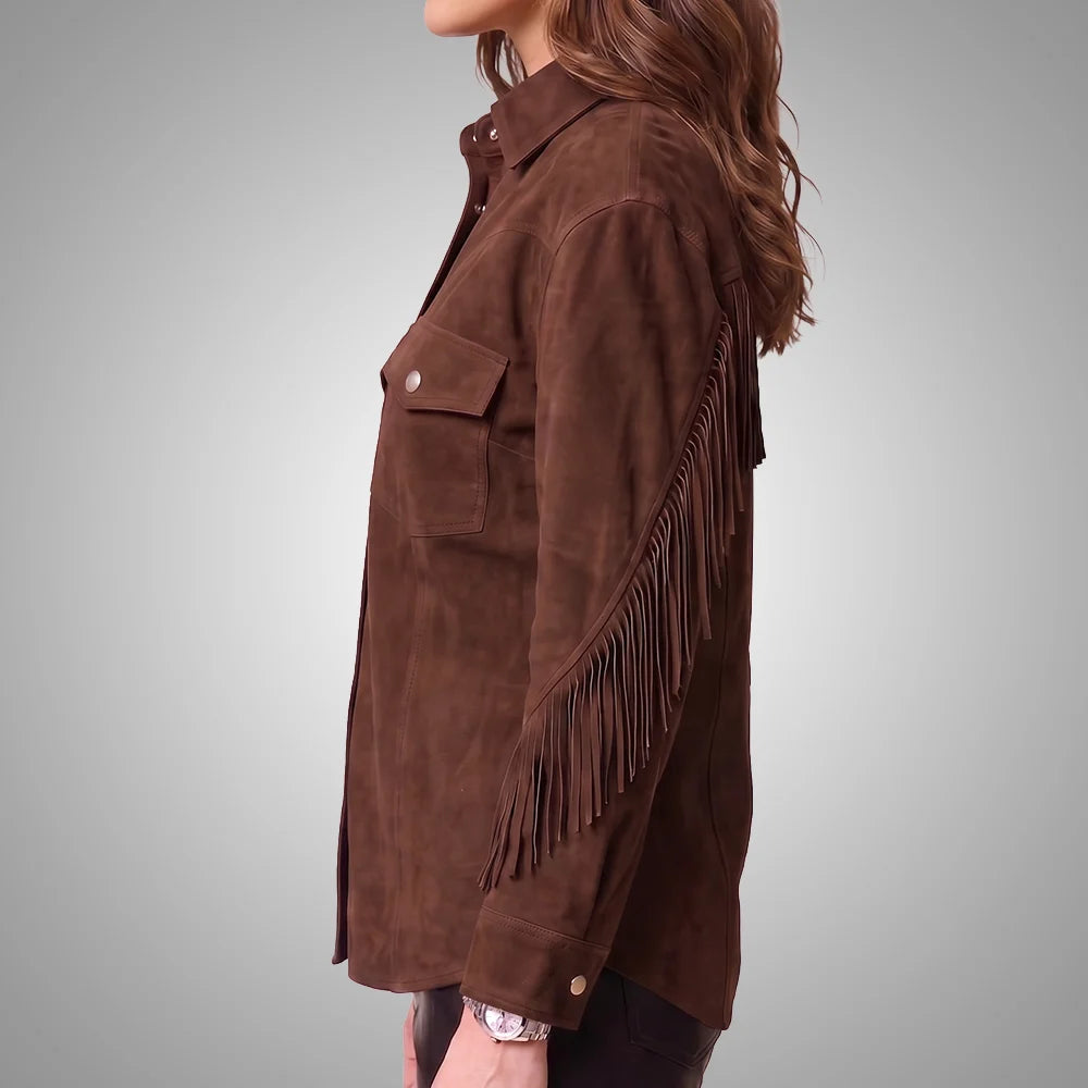 Brown Women's Cropped Goat Suede Fringe Jacket | Western Boho