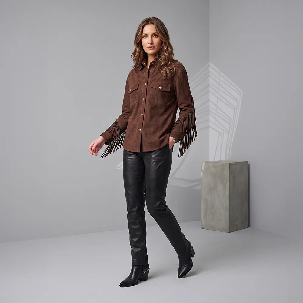Brown Women's Cropped Goat Suede Fringe Jacket | Western Boho