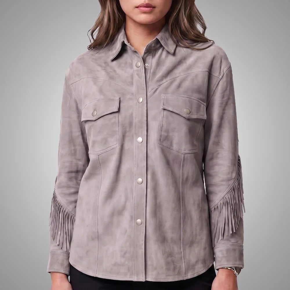 Grey Women's Cropped Goat Suede Fringe Jacket | Western Boho