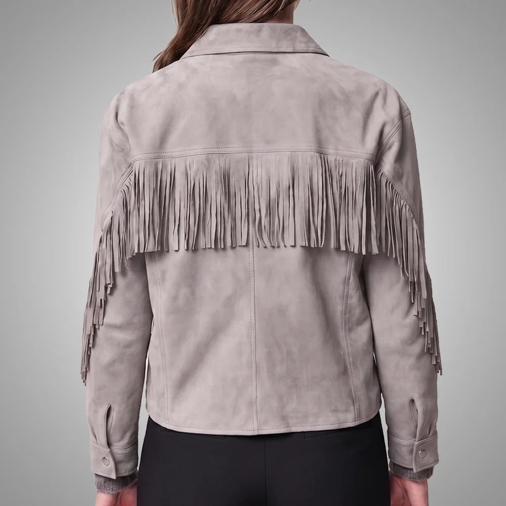 Grey Women's Cropped Goat Suede Fringe Jacket | Western Boho